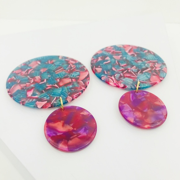 Circle Drop Earrings in Pink and Blue w/ Pink Stud - Picture 5 of 8